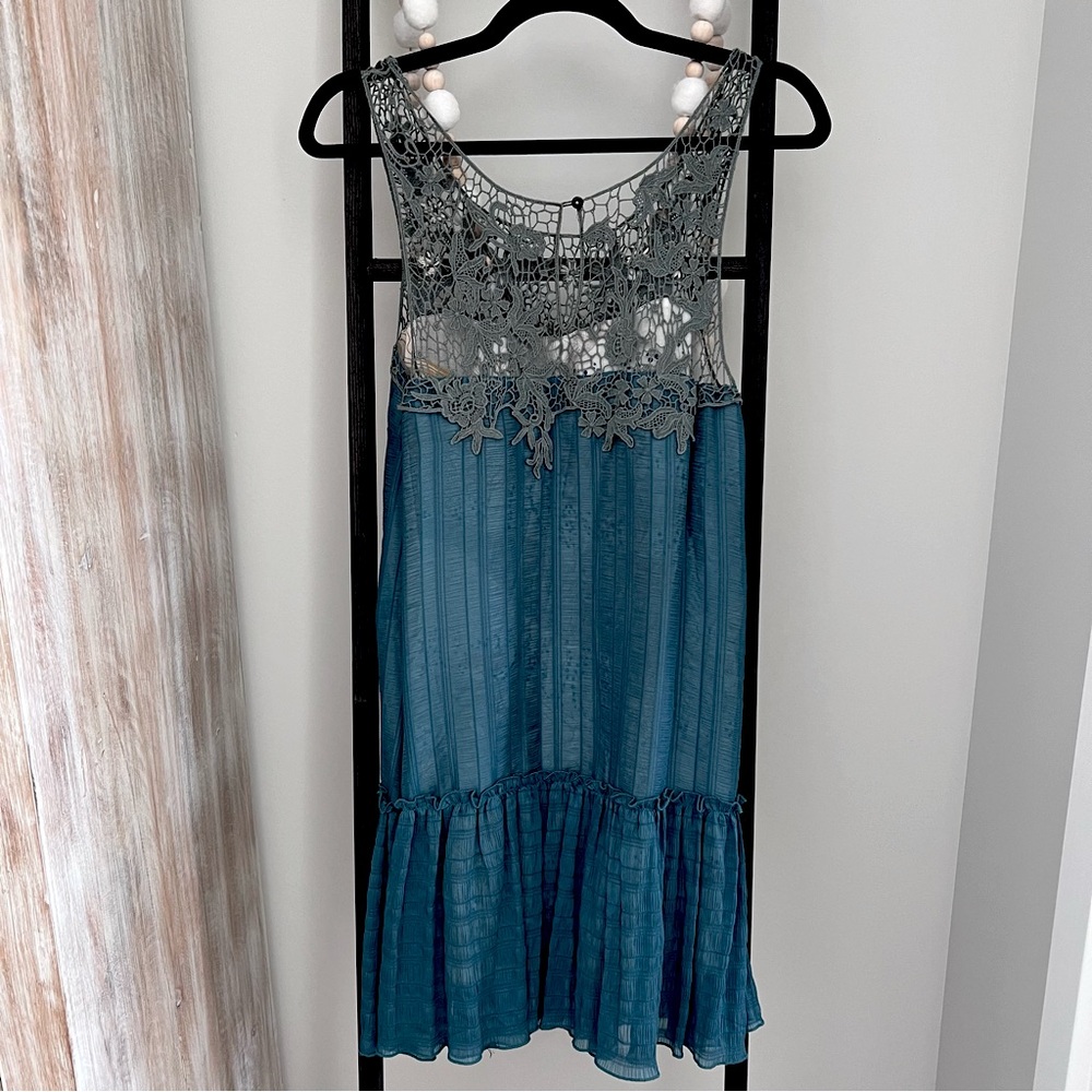 FREE PEOPLE Teal Crochet Shift Dress